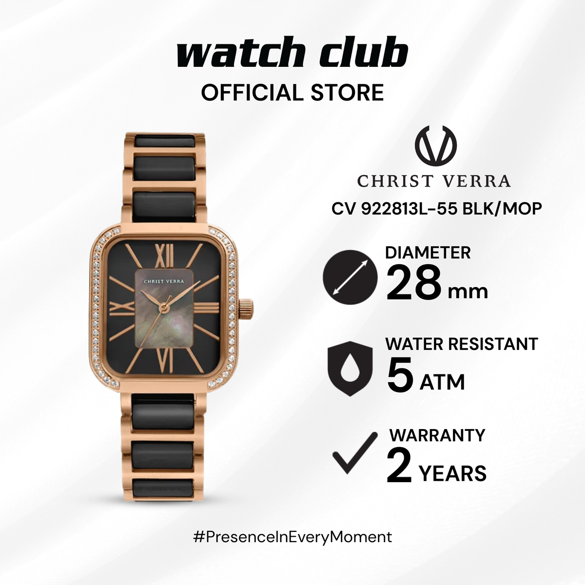 Christ Verra - Jam Tangan WANITA Tali Stainless Steel, Ceramic Christ Verra CV 922813L-55 BLK/MOP