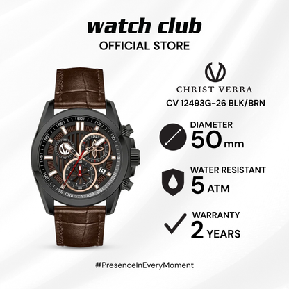 Christ Verra - Jam Tangan PRIA Tali Leather Christ Verra Bellagio Series CV 12493G-26 BLK/BRN