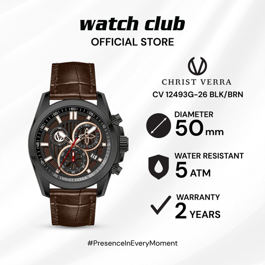 Christ Verra - Jam Tangan PRIA Tali Leather Christ Verra Bellagio Series CV 12493G-26 BLK/BRN