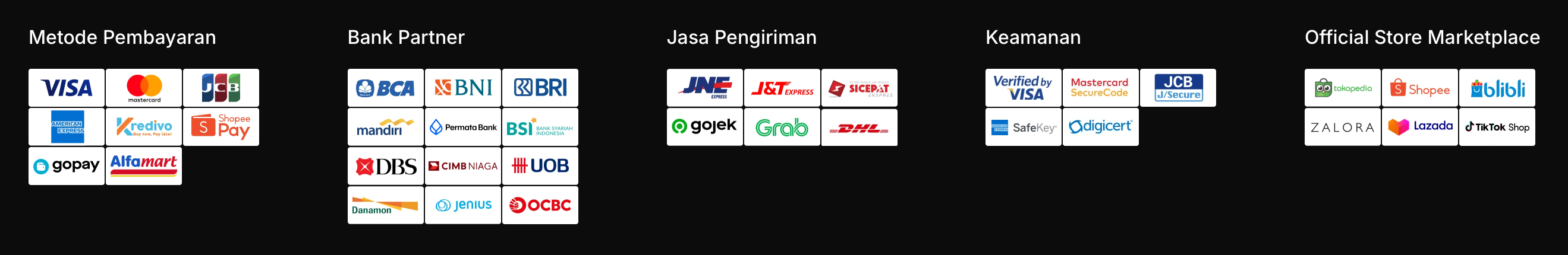 Visa, Mastercard, JCB, American Express, Kredivo, ShopeePay, GoPay, Alfamart